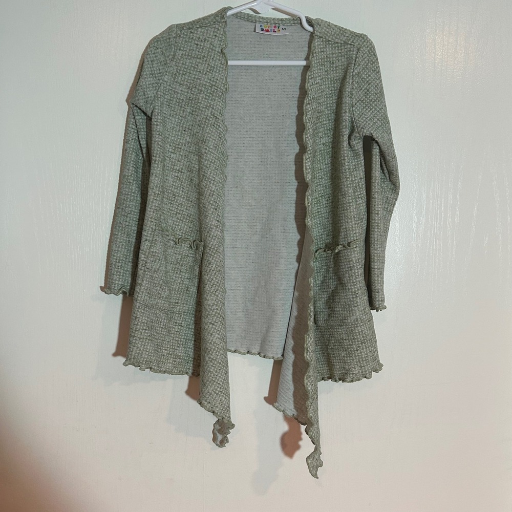 Dot Dot Smile Girls Sage Green Waffle Knit Lettuce Edge Waterfall Cardigan 5/6